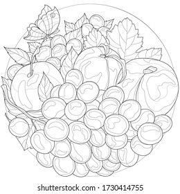 
Fruits. Grapes with Peaches and Apple.Tasty sweets.Coloring book antistress for children and adults. Zen-tangle style.Black and white drawing