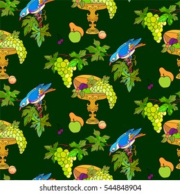 Fruits and grapes in a vase and birds seamless pattern.