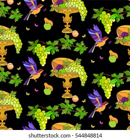 Fruits and grapes in a vase and flying birds seamless pattern.