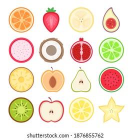 Fruits halves set. Tropical and exotic fruits. Vector illustration 