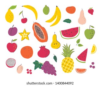 Fruits hand draw illustration set. Organic and diet food. Healthy nutrition cartoon isolated elements