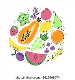 Fruits hand drawn banner. Healthy meal, diet, nutrition or lifestyle. Organic food cafe, smoothie bar or support farmers market concept. Set of ropical fruits in round composition.