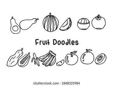 Frutas dibujadas a mano con un estilo delineado negro. Frutas de doodle de dibujos animados de aguacate, sandía, mangostín, papaya, banana, manzana, naranja. Dibujar ilustración vectorial