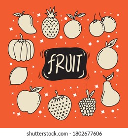 Fruits with Hand Drawn Doodle Icons set, simple and trendy Sketching element Vector illustration
