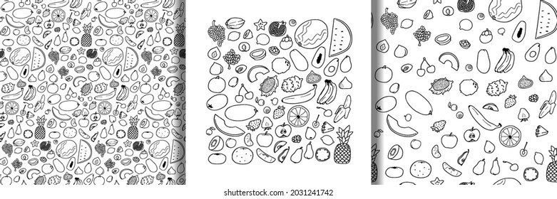Fruits hand drawn doodle set and seamless patterns. Vegetarian outline wallpapers, coloring pages.
