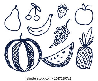 Fruits hand drawn elements, colorless sketch, pear and watermelon, cherries and grapes, strawberries and pineapple, isolated on vector illustration
