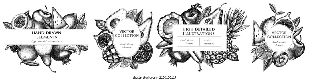 Fruits hand drawn frame templates. Vintage illustrations of bananas, pears, kiwi etc.