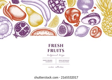 Fruits hand drawn illustration design. Background with vintage bananas, pears, kiwi etc.