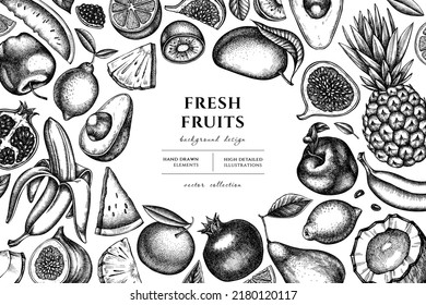 Fruits hand drawn illustration design. Background with sketch bananas, pears, kiwi etc.