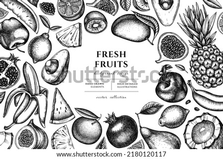 Fruits hand drawn illustration design. Background with sketch bananas, pears, kiwi etc.