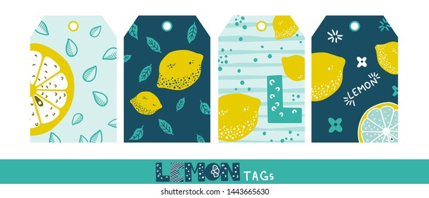 Fruits hand drawn labels. Lemon texture. Healthy and fresh citrus color tags. Light blue, mint and dark blue background with filled and outline elements. For prints for presents and digital template. 
