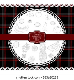 Fruits hand drawn on checkered textile design in country style vector illustration