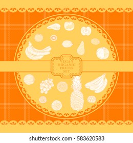Fruits hand drawn on checkered textile design in country style vector illustration