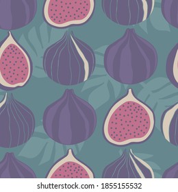 Fruits, hand drawn overlapping background. Colorful tropical wallpaper vector. Seamless pattern with figs, palm leaves. Decorative colored illustration, good for printing