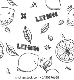 Fruits hand drawn seamless pattern. Lemons texture. Healthy and fresh food white background with black outline elements. For wrapping paper, kitchen and bedroom textile, wallpaper design and scrapbook