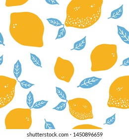 Fruits hand drawn seamless pattern. Lemons texture. Healthy and fresh citrus white background with green yellow elements. For wrapping paper, kitchen textile, wallpaper design and scrapbook.
