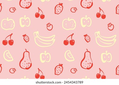 Fruits hand drawn seamless pattern isolated on pink background. Wallpaper with cherry, blueberry, banana line art illustration. Design for healthy eating concept and food packaging.