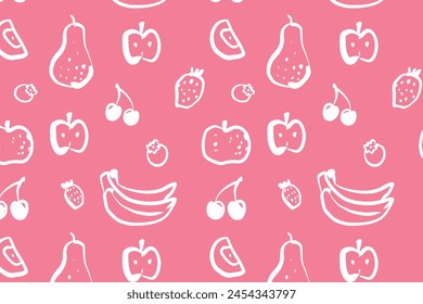 Fruits hand drawn seamless pattern isolated on pink background. Wallpaper with cherry, blueberry, banana line art illustration. Design for healthy eating concept and food packaging.