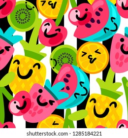 Fruits hand drawn seamless vector pattern. Kiwi, pineapple, orange emoji, sticker striped background