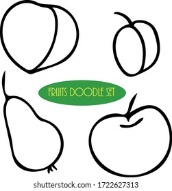 frutas dibujadas a mano en forma de doodle. Tela escandinava simple monocroma. manzana, pera, albaricoque, ciruela, melocotón colección de elementos etiqueta, tarjeta, pegatina, póster, icono