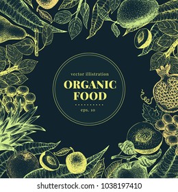 Fruits hand drawn vector background. Banner template. Retro engraved style background. Can be use for menu, label, packaging, farm market products.