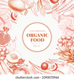 Fruits hand drawn vector background. Banner template. Retro engraved style background. Can be use for menu, label, packaging, farm market products.