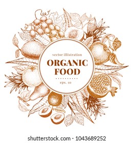 Fruits hand drawn vector frame. Banner template. Retro engraved style background. Can be use for menu, label, packaging, farm market products.