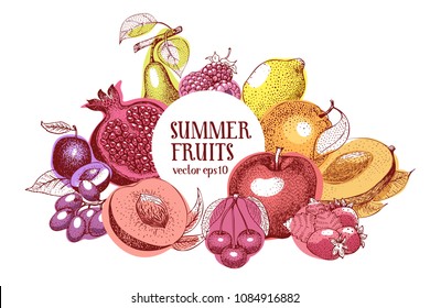 Fruits hand drawn vector frame. Banner template. Vintage engraved style background. Can be use for menu, label, packaging, farm market products.
