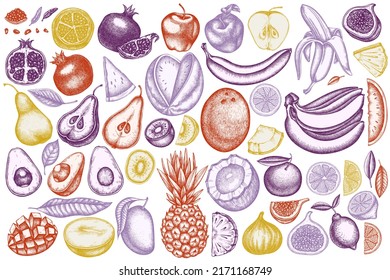 Fruits hand drawn vector illustrations collection. Stylized bananas, pears, kiwi etc.