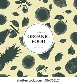 Fruits hand drawn vector seamless pattern. Banner template. Retro engraved style background. Can be use for menu, label, packaging, farm market