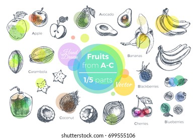 Fruits - hand drawn vector set. Sketches of tropical fruits from A to C for the design of juice packages and smoothie recipes. 1 of 5 parts