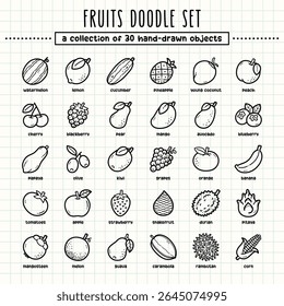 Fruits hand-drawn doodle art illustrations and elements. felt-tip pen marker style on grid paper, great for various creative design uses.