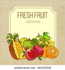 Fruits, hand-drawn.  Kraft paper.  Menu. Vector illustration.