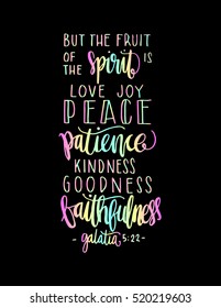 fruits of the happiness. Hand drawn lettering. Bible verse. Modern Calligraphy. Christian Poster