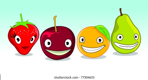 Fruits with happy face in them, including strawberry, orange, and pear