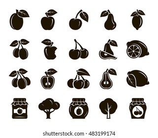 fruits. harvesting. fruit trees. stewed fruit and jam. set of black icons on a white background