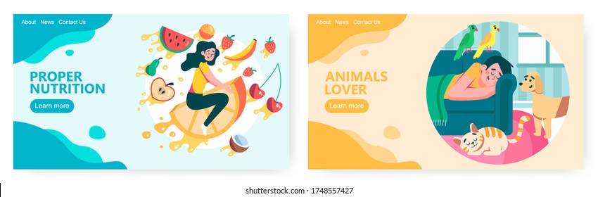 Fruits and healthy diet. Happy pet owner sleep ion sofa with dog, cat and parrots around. Animal lover concept illustration. Vector web site design template. Landing page website illustration