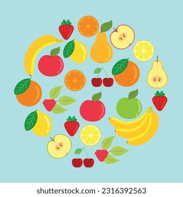 Fruits are healthy, fresh.  Apple, banana, lemon, orange, strawberry