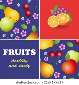 Fruits. Healthy and tasty. Geometric design of a poster, flyer, booklet, for a website, cover with fruits.