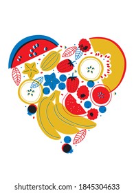 Fruits heart vector flat illustration. Healthy colorful fruits, berries. I love fruits. All elements are isolated.  Fresh cooking ingredients. 