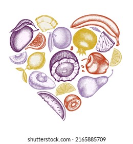 Fruits heart vintage design. Hand drawn bananas, pears, kiwi etc.