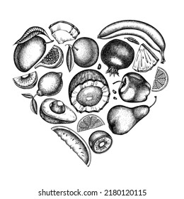 Fruits heart vintage design. Hand drawn bananas, pears, kiwi etc.