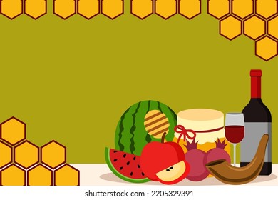 Fruits, Honey, and Wine Illustration Background for Rosh Hashanah or The Same Theme