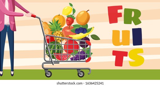 Fruits, horizontal banner concept buyer with shopping cart. Cartoon illustration of fruits shopping cart vector horizontal banner for web
