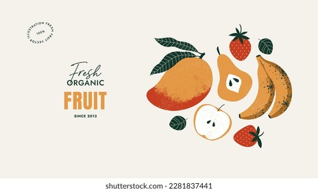 Fruits horizontal design template. Banana with mango and strawberry with apple. Textured retro style vector illustration.