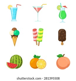 Fruits. Ice cream. Drinks. Summer food icons isolated on white. Vector symbols collection.