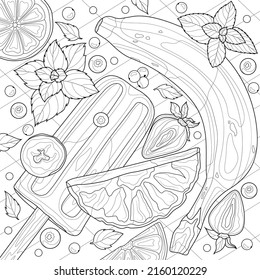 
Fruits and ice cream on the table.Coloring book antistress for children and adults. Illustration isolated on white background.Zen-tangle style. Hand draw