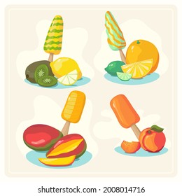 Fruits ice cream set. Fruits set. Colorful vector flat cartoon illustration.