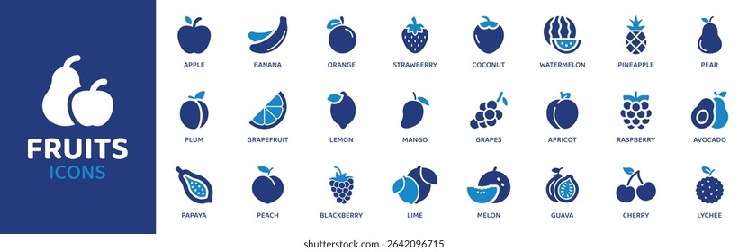 Fruits - Icon Collection. Thin Line Set contains such Icons as Fruit, Apple, Banana, Orange, Mango, Grapes, Kiwi and more. Simple web icons set.