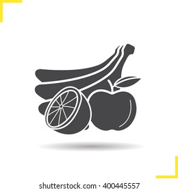 Fruits icon. Drop shadow banana, orange and apple silhouette symbol. Still life. Isolated vector